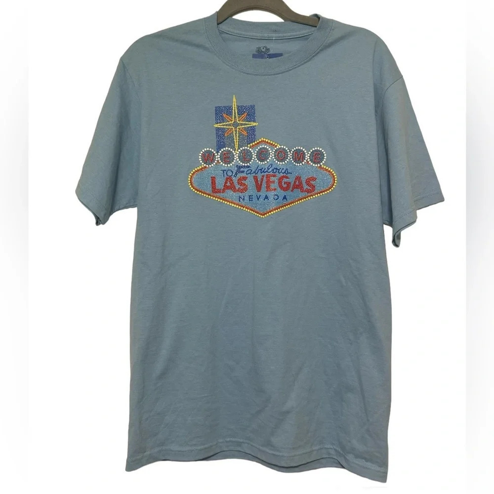 Welcome To Fabulous Las Vegas L Blue T-shirt w/ beaded detail on the front Sz M